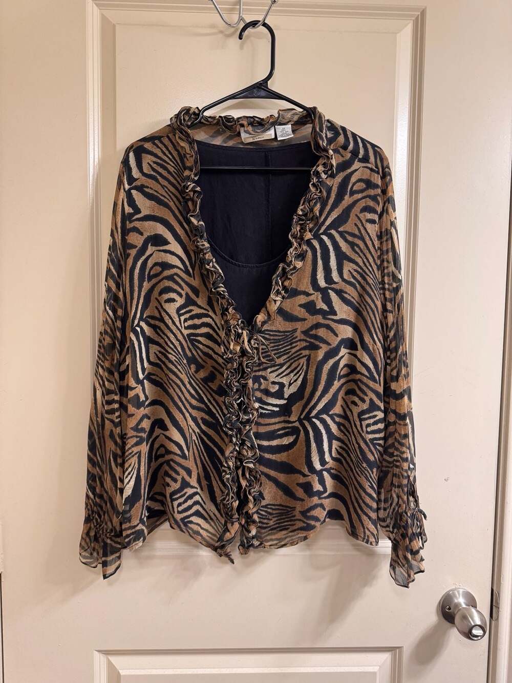 New York City Design Co. Women's 100% Silk Animal Print Ruffle Blouse